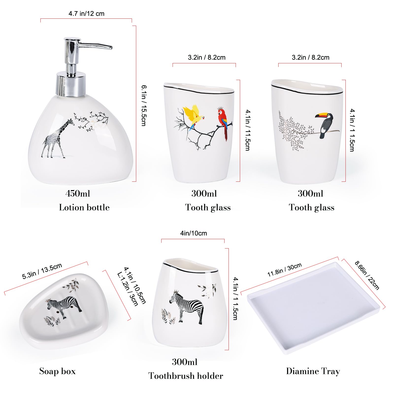 BM Set di Accessori da Bagno in Plastica, Set Accessori Bagno Completo 6 Pezzi, Dispenser, Portaspazzolino, Bicchiere, Portasaponetta, Portascopino, Pattumiera (Bianco