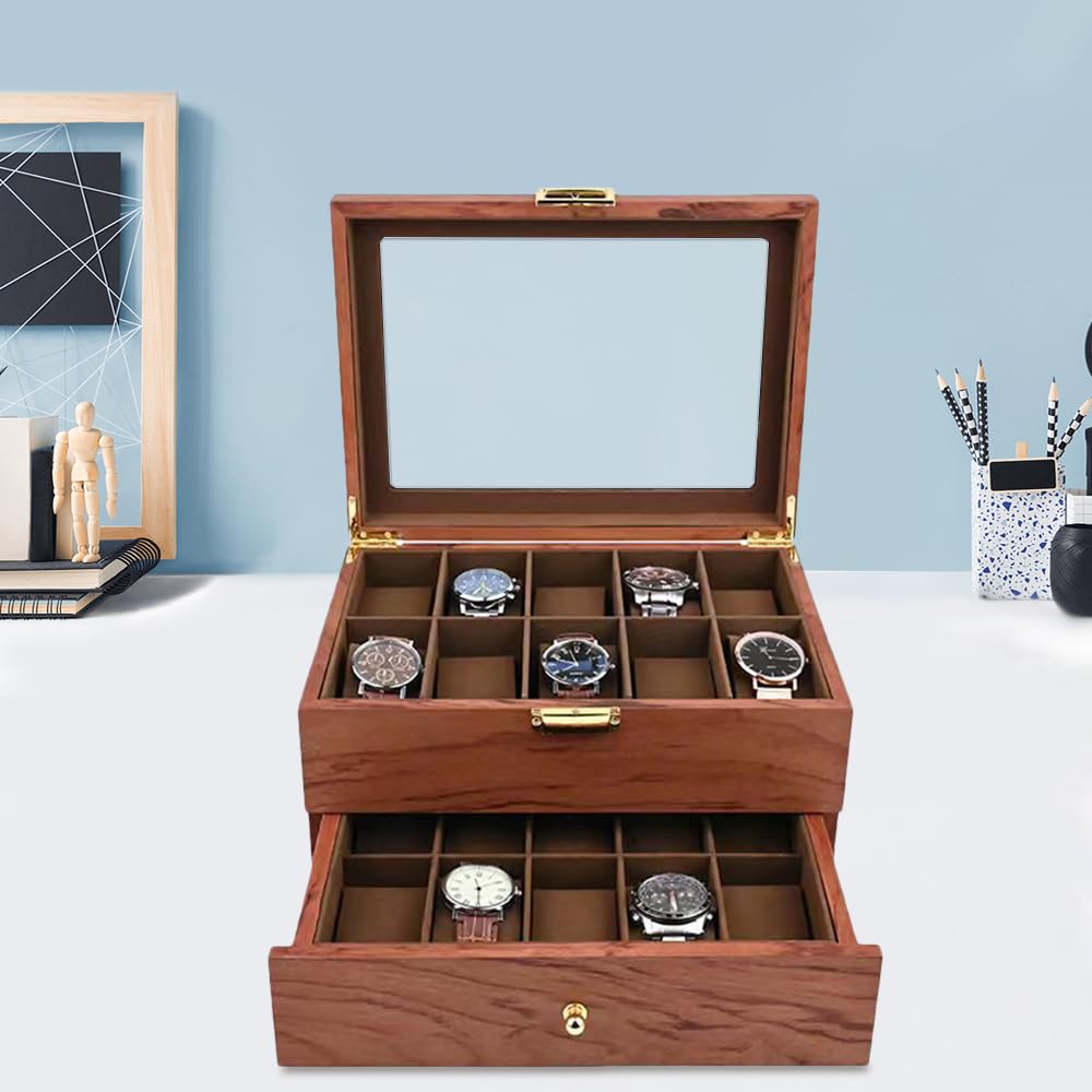 Caja de madera para relojes con cajón de valet, para 20 relojes de hombre, caja de reloj, cómoda, organizador con almacenamiento, 27 x 21,5 x 16 cm