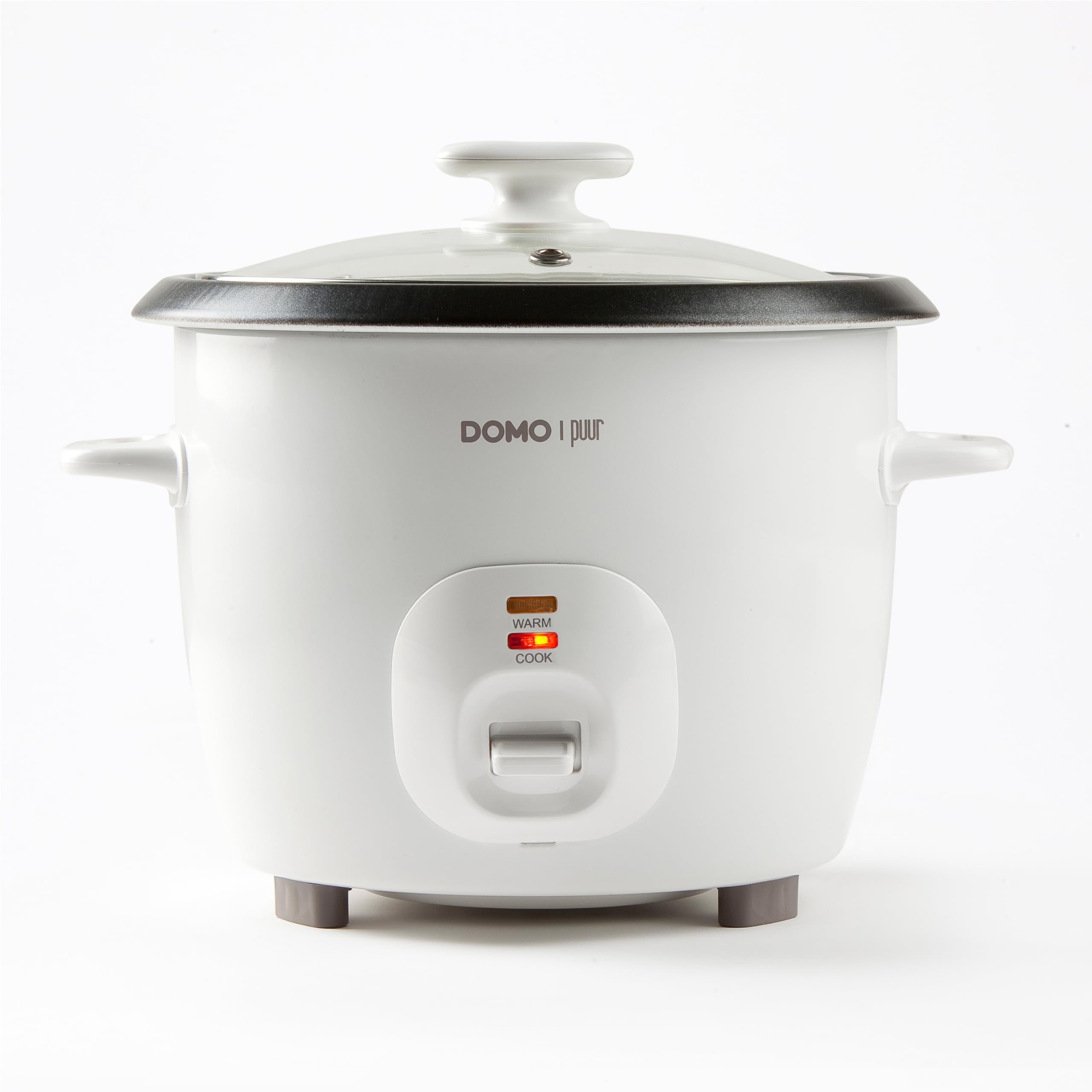 DOMO DO9176RK - Cuocere riso serie "Puur", per cucinare e mantenere al caldo, manici Cool touch, rivestimento antiaderente in teflon, con misurino, mestolo e cestello per vapore, 1,3 l, bianco