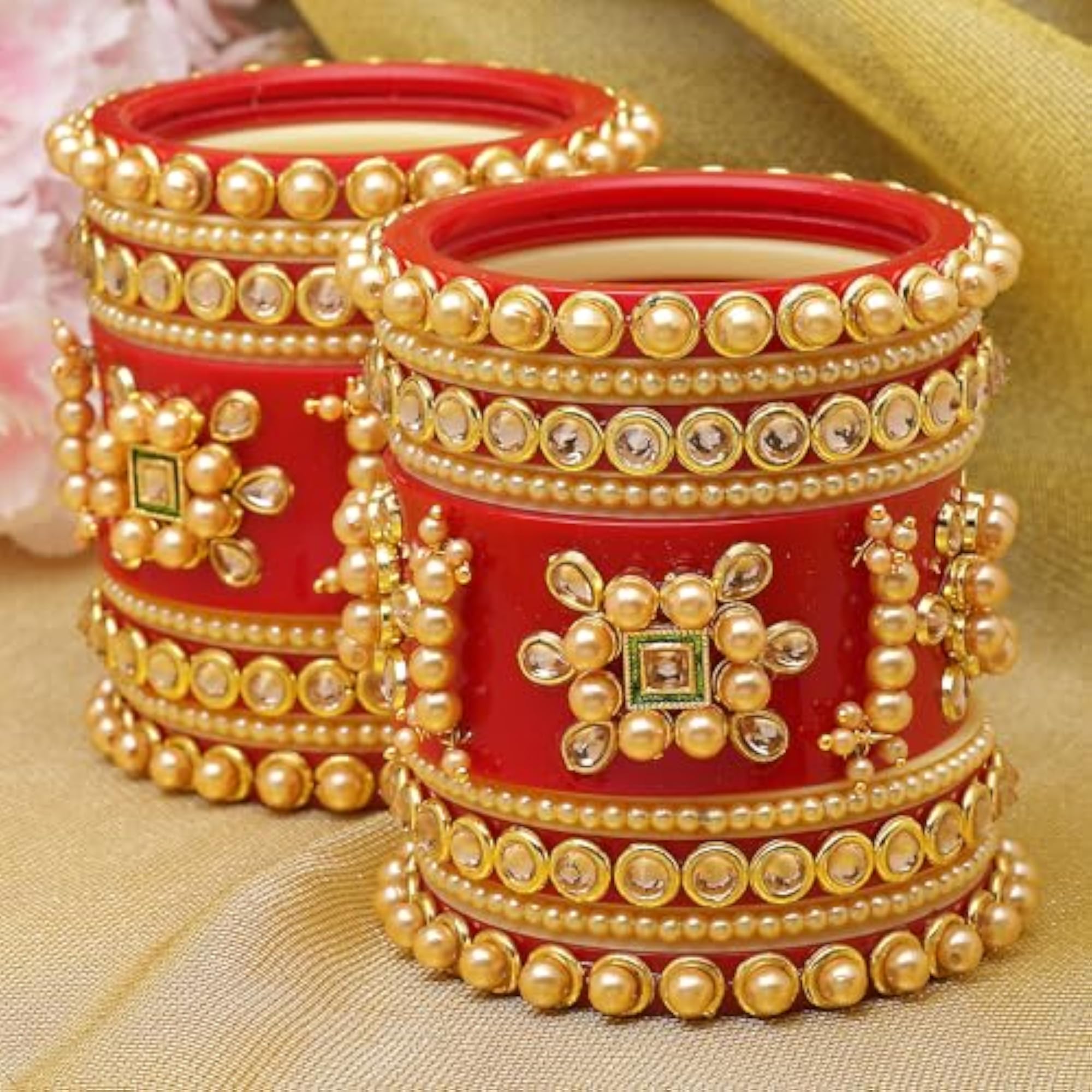 Gold-Plated Champagne Pearl & Zircon Gemstone Studded Handcrafted Bangles (2.4)