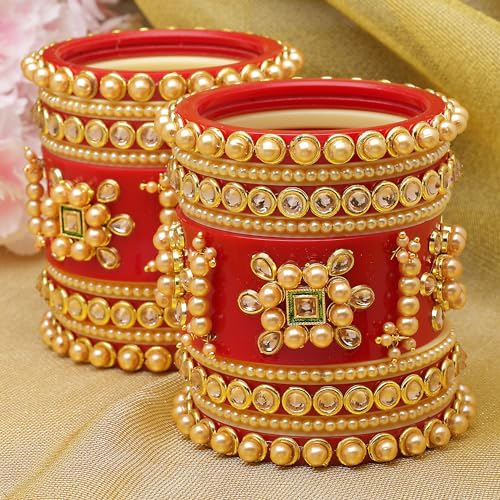 Gold-Plated Champagne Pearl & Zircon Gemstone Studded Handcrafted Bangles (2.4)