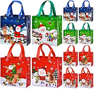 12 Pack Christmas Gift Bags with Handle, Reusable Tote Bags Christmas Present Bags Grocery Bag Non-woven Shopping Bag for Christmas Gift Wrapping