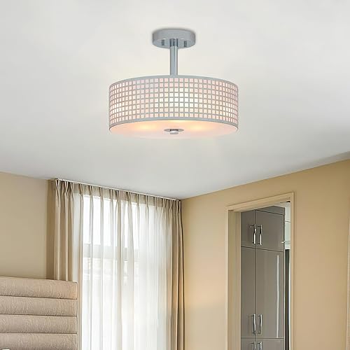 Miniatura 3 de XiNBEi Lighting Lámpara de techo semiempotrada, lámpara de techo cromada moderna de 15 pulgadas, accesorio de iluminación de tambor de 3 luces para