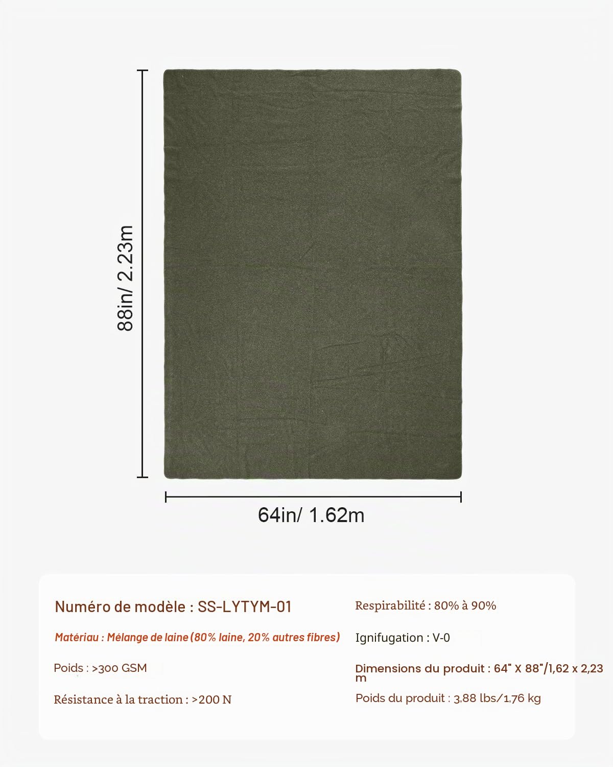VEVOR Couverture de Camping Laine 80%, 1,62x2,23 m, Grande Couverture de Stade Chaude, Coupe-Vent Ignifuge, pour Extérieur, Pique-niques, Randonnée, Événements Sportifs, en Plein Air, Vert Armée