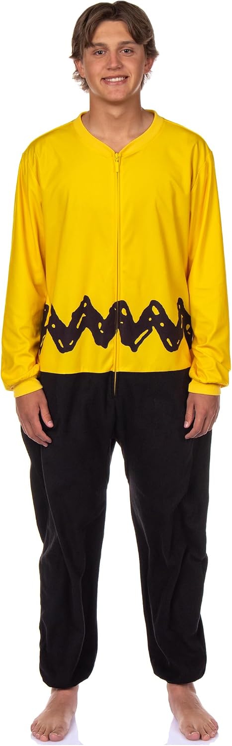 INTIMO Peanuts Charlie Brown Union Suit Men's Costume Zip Up One Piece Pajama Outfit
