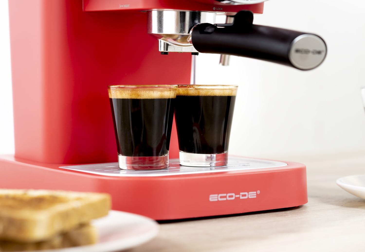 ECODE® Cafetera Express con 20 Bares de Presión y 1050 W, Vaporizador, Deposito de 1.5L, Calientatazas, Termometro, Brazo Doble Salida, Dosificador con Prensador, Mono/Doble dosis - Delice Rosso