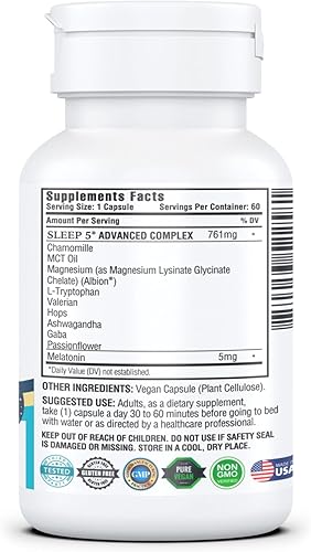 Miniatura 7 de KAPPA NUTRITION Sleep 5, ayuda para dormir, 5 mg de melatonina, suministro para 60 días, cápsulas veganas que no forman hábito, ingredientes