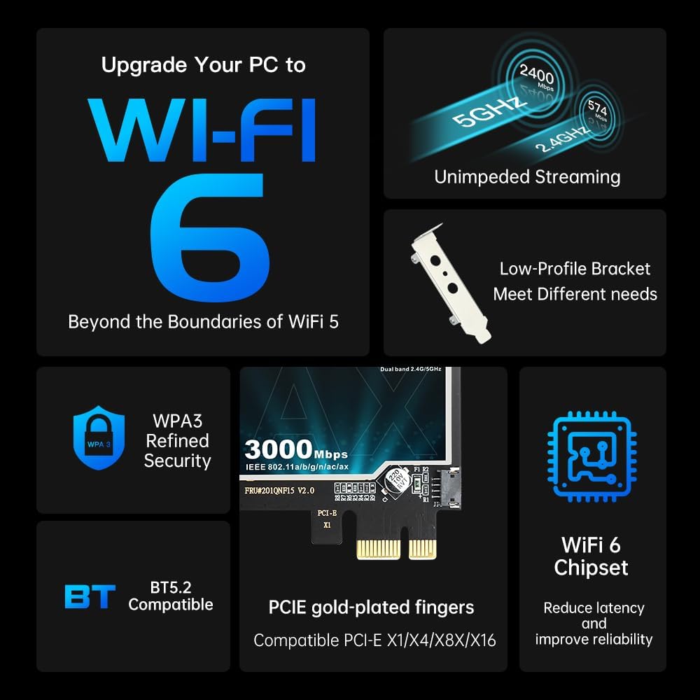 FENVI AX3000 WiFi 6 PCIe Card WiFi6 AX200 Desktop PCI-E Wireless Adapter WPA3, Bluetooth 5.2,Dual Band 3000Mbps WiFi 802.11ax PCIE-AX3000 Network Card MU-MIMO Gigabit WLAN for PC Windows 10,11 64 bit