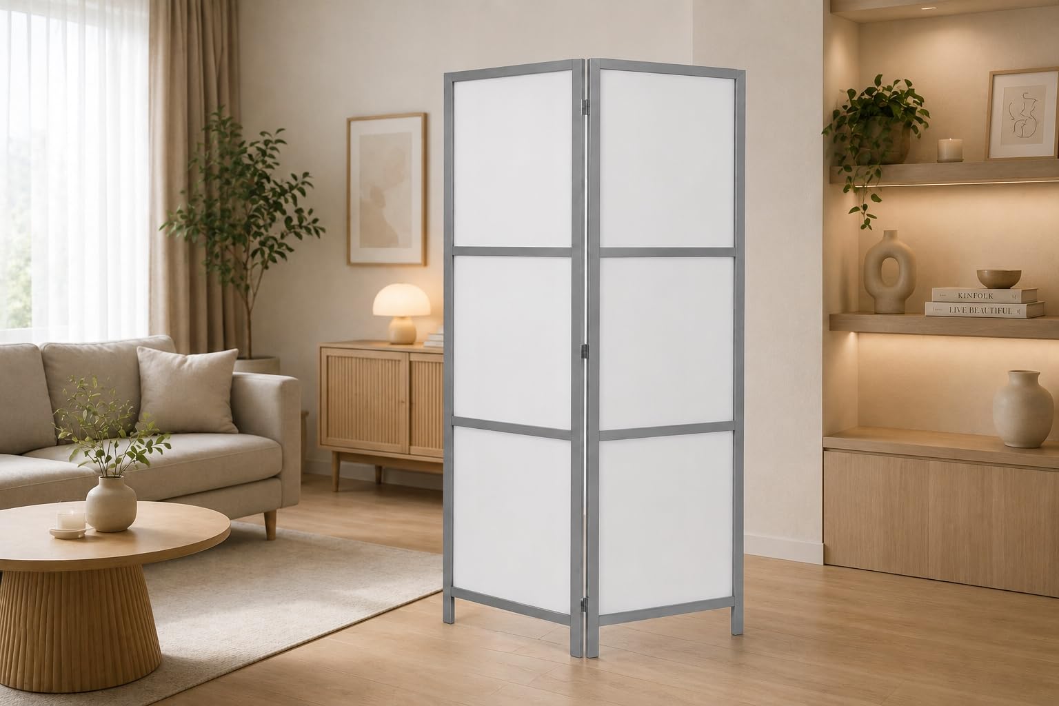 Paravent Japanisch weiß minimalistisch Faltbar aus Holz grau - 2el