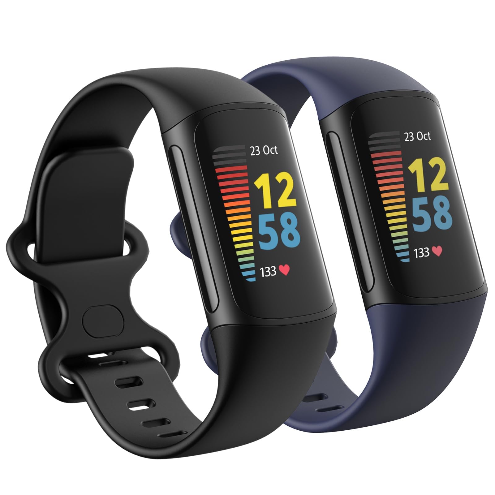 Newremote 2 Pack Waterproof Straps fit for Fitbit Charge 5 / Fitbit Charge 6 Straps for Women Men, Classic Soft Sports Replacement Strap for Women Men (Black/Navy, Large 7.1''-9.1'')