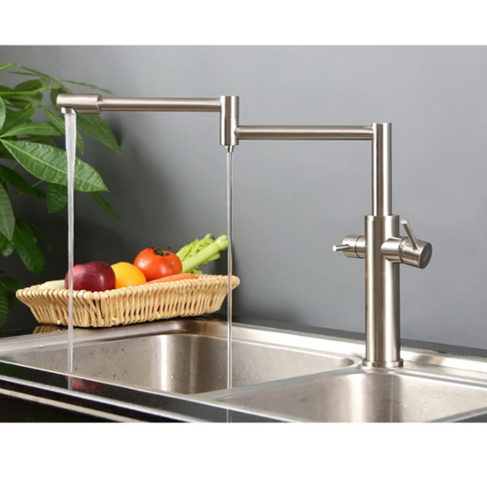 Grifo para llenar ollas, Grifo de Cocina con Agua Potable, Grifo Mezclador de latón de Doble manija para Agua fría y Caliente, Fregadero de un Solo Orificio con Junta giratoria DOB