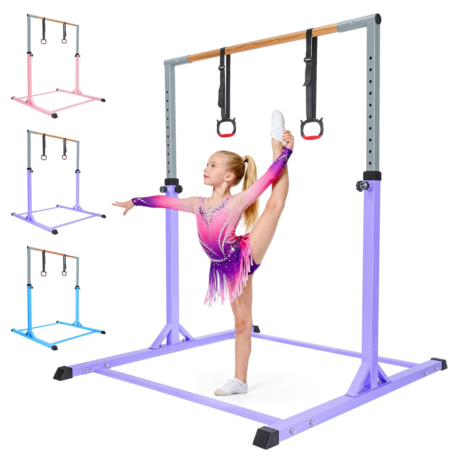 Minifactory Adjustable Gymnastics Bar for Kids Ages 3-15, Solid Wood Gymnastics Training Equipment with Rings, Height Adjustable 3ft–5ft Gym Bar for Home Use (Purple)