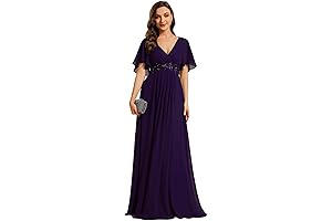 Women's Chiffon A-Line Ruched Short Sleeves Applique Waist V Neck Mother of The Bride Dresses