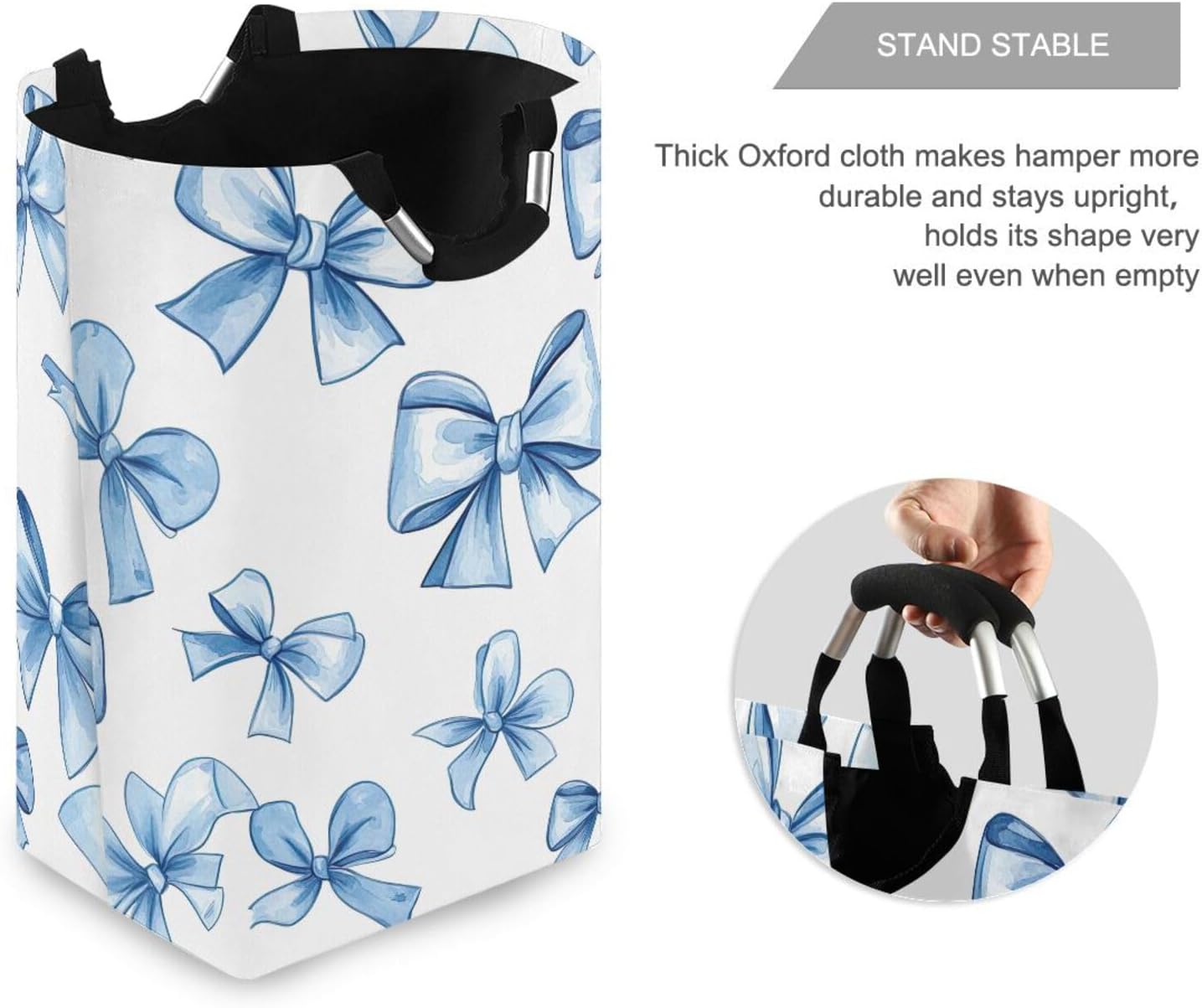 YETTASBIN Blue Bow Laundry Hamper, Waterproof Foldable Laundry Basket Large Dirty Clothes Toys Storage Basket with Handle for Bathroom, Bedroom, Laundry Room, Playroom