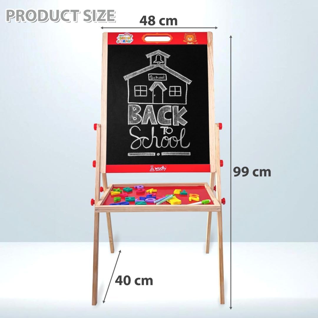 WUDLY® 2-in-1 Wooden Easel for Kids – Double-Sided Chalkboard & Whiteboard with Magnetic Letters, Marker, Duster & Chalk | Learning Drawing Board for Children - Image 2 thumbnail
