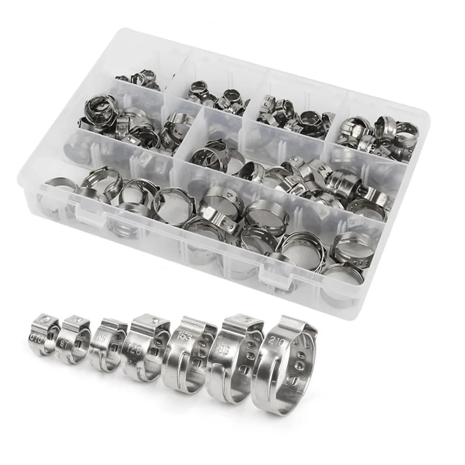 Kit De Colliers De Serrage 140 pièces Assorties 7-21mm Simple Oreille Colliers de Serrage en continu 1PC Collier de Serrage Pince Colliers de Serrage Ensemble(140pcs)