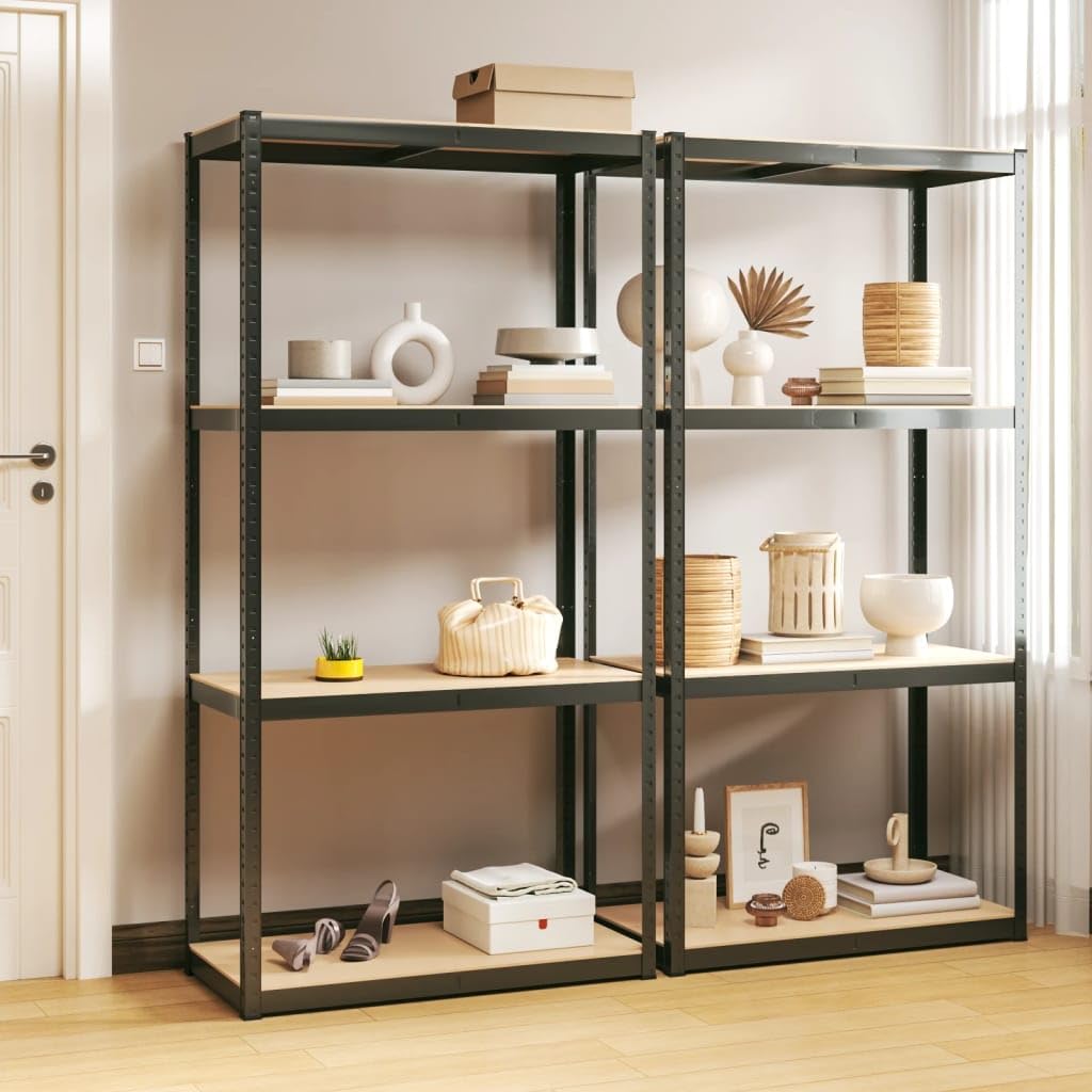 Teenpull Anthracite Shelves 2 Pcs Steel&Engineered Wood - Kitchen, Garage, Pantry Storage Rack, Adjustable Shelving Unit & Closet Organizer
