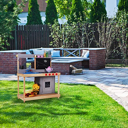 Relaxdays Matschküche, Kinder, mit Spülbecken, Herd & Ofen, Outdoor Spielküche, HBT: 100x87,5x40,5 cm, Holz, Natur/grau – Bild 6