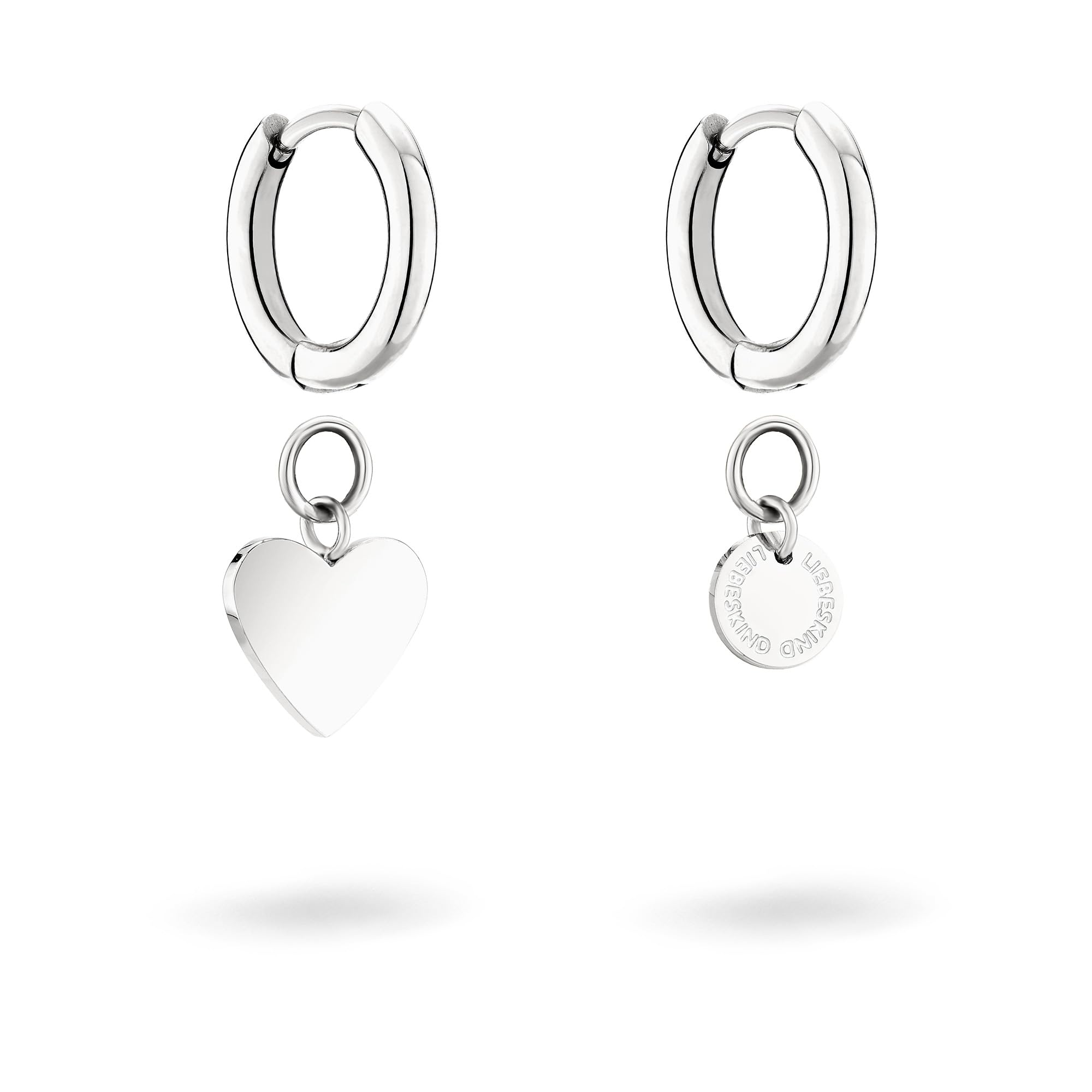 LIEBESKIND BERLIN Schmuck-Set - Creolen mit Herz- und Plättchen-Anhänger und passende Halskette - Silber - Venezianerkette verstellbar bis 45 cm - wasserfest & hautfreundlich