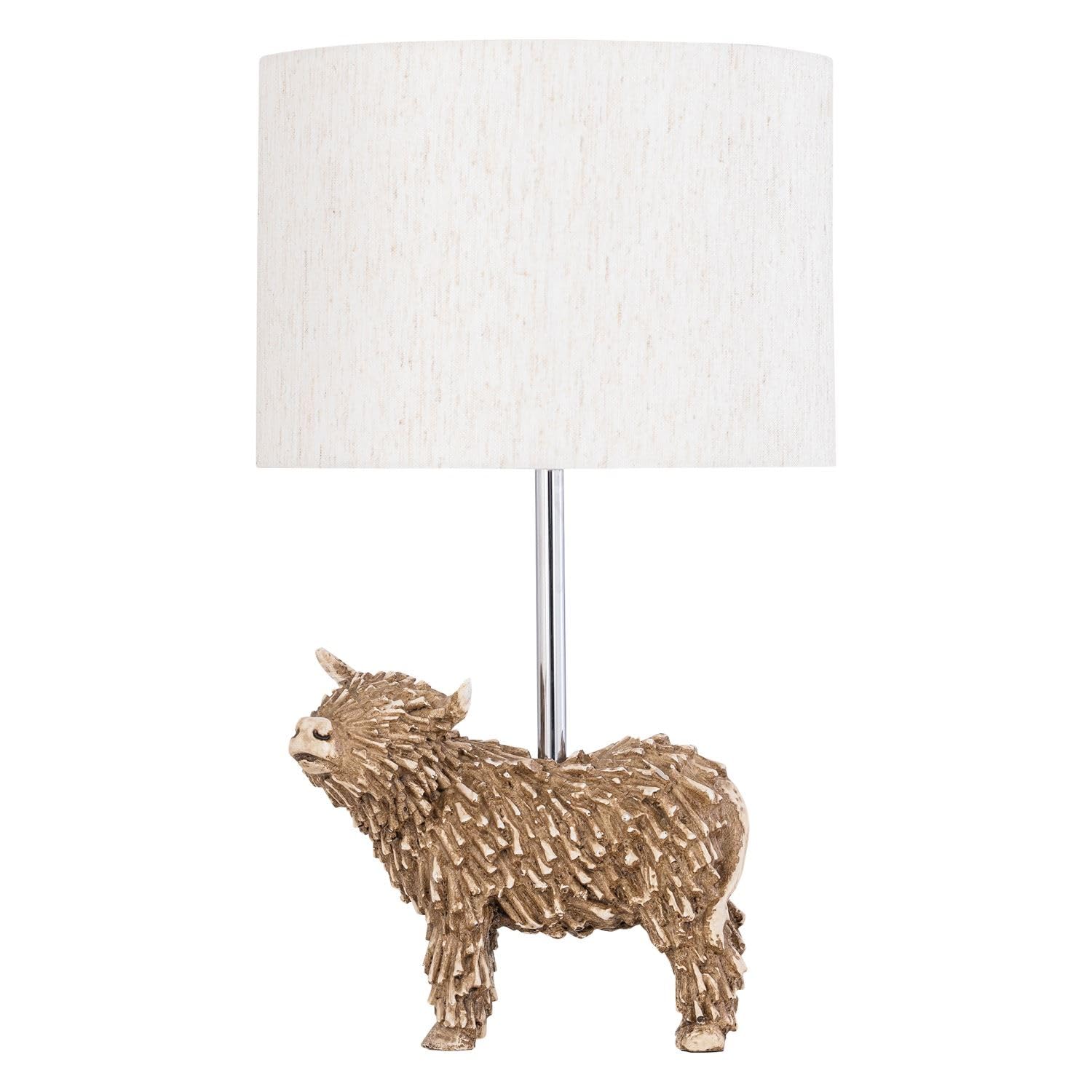 firstchoicelighting Highland Cow Table Lamp or Bedside Light with Oatmeal Linen Fabric Shade, Resin Animal, Height 42 cm, LED Compatible