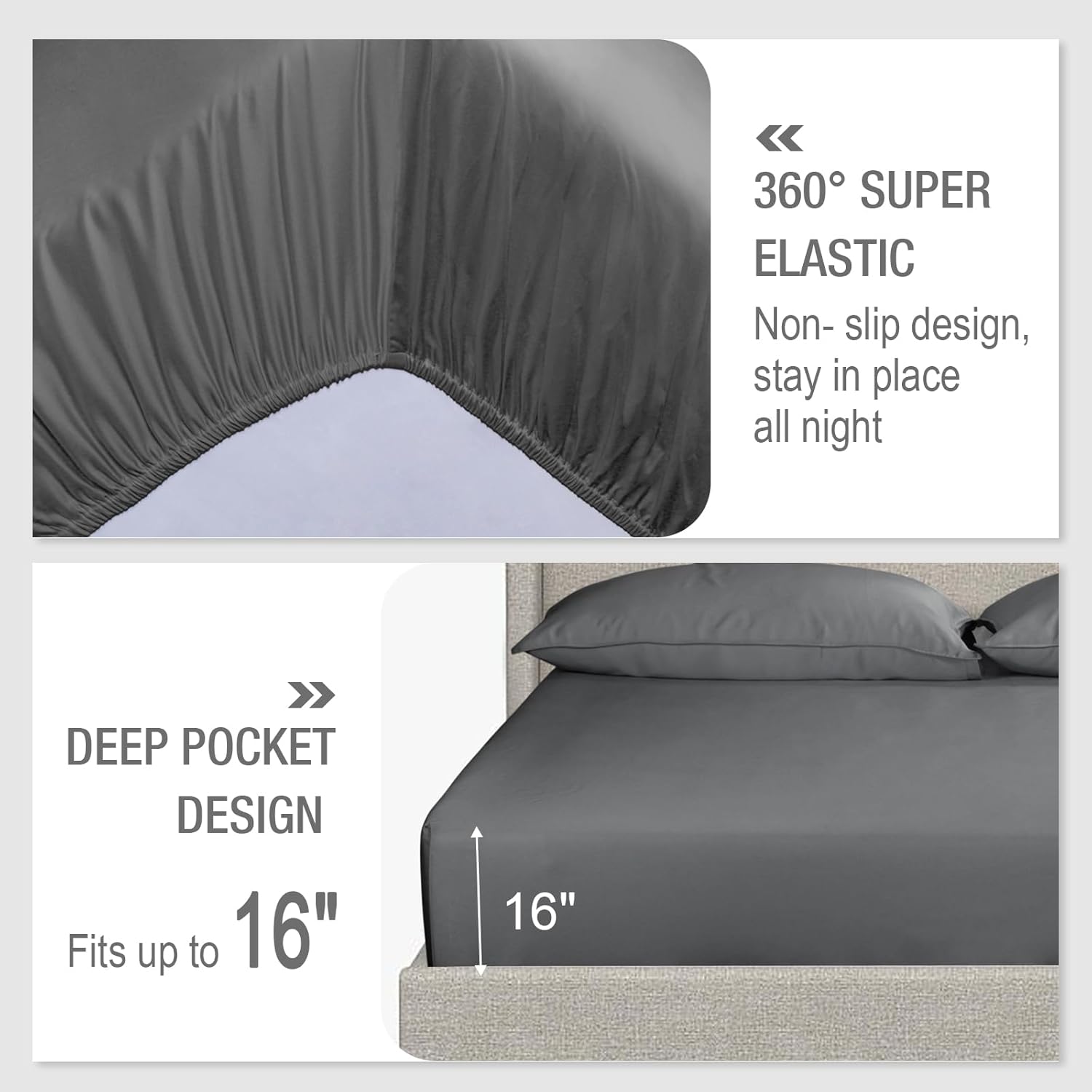 IKIFLY Queen Sheet Set 4 Piece, 16” Deep Pocket, Ultra Soft & Luxuriously for Hot Sleepers, Breathable Silky Bedding Sheets & Pillowcases, Grey - Image 4