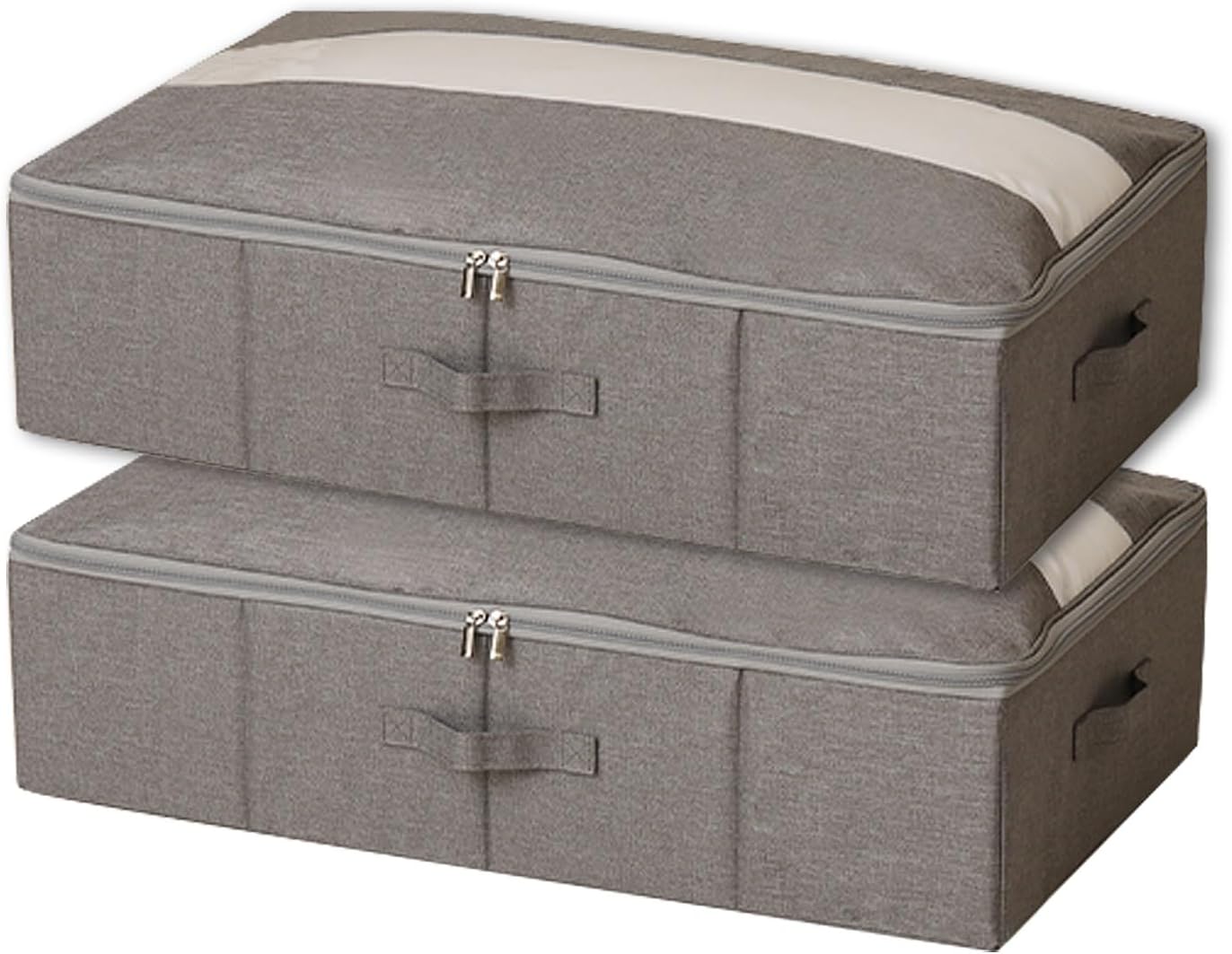 2 Pack Foldable Under Bed Storage Containers, Clothes Storage Under Bed, Transparent Window Double Zipper, for Blanket, Clothing, Sheets, Toys(Gray,55x42x18cm/22x17x7in)