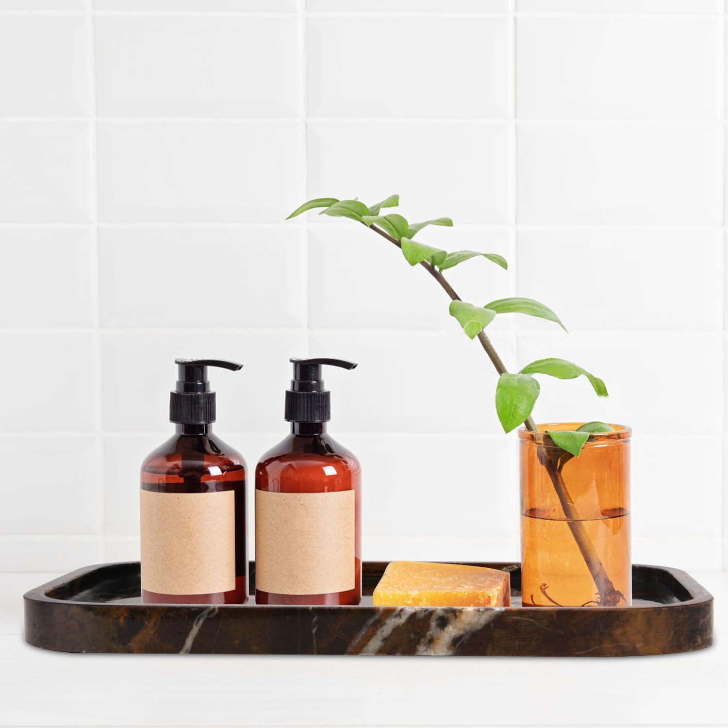 Vassoio da Bagno in Marmo Naturale per Cucina e Bagno, Vassoi Decorativi in Pietra da Appoggio Svuotatasche Ingresso per Caffè, Profumi, Gioielli e Trucchi (Oro Nero, 30 x 20 x 1.8 cm)