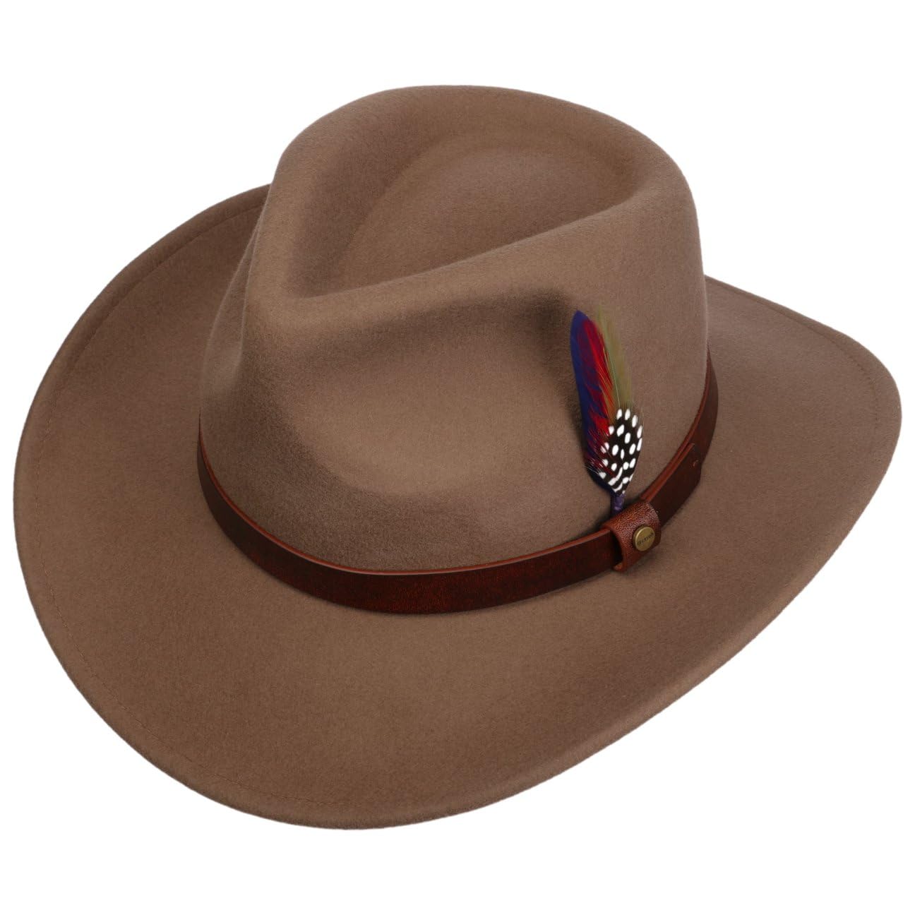 Stetson Oklahoma Wollfilz Westernhut Herren 100% wasserabweisender Filz Asahi Guard ultraleichter knautschbarer Hut mit Feder Lederband Sommer Winter