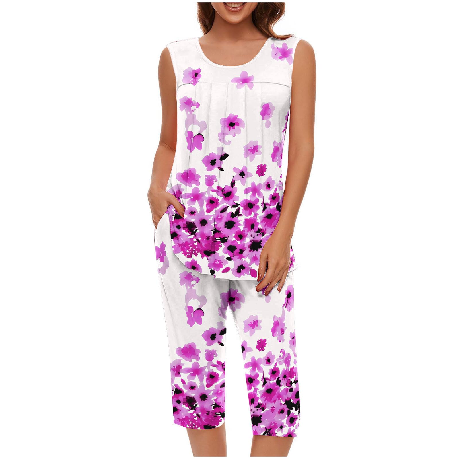 Pajama Sets for Women Summer Plus Size Lounge Sleepwear Loose Sleeveless Tops Printed Bermuda Shorts with Pockets — view 10