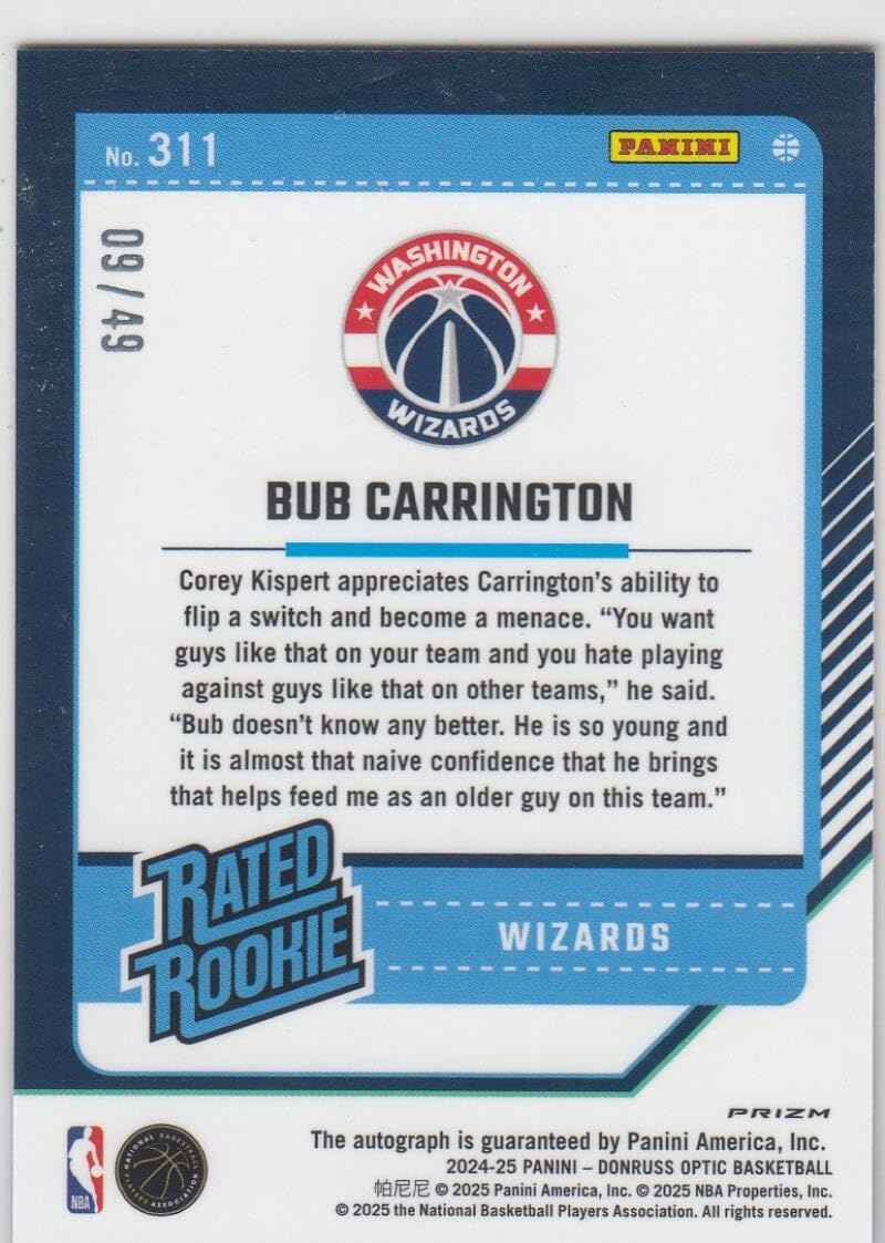 Basketball Trading Card 2024-25 Donruss Optic Rated Rookies Signatures Blue #311 Bub Carrington EX/NM Auto 9/49 Wizards