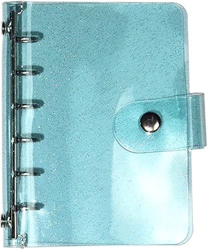 Carpeta A7 de PVC con purpurina azul de 0.59 pulgadas de diámetro, 6 anillos con cierre de botón a presión, decoración de puntos brillantes, hojas