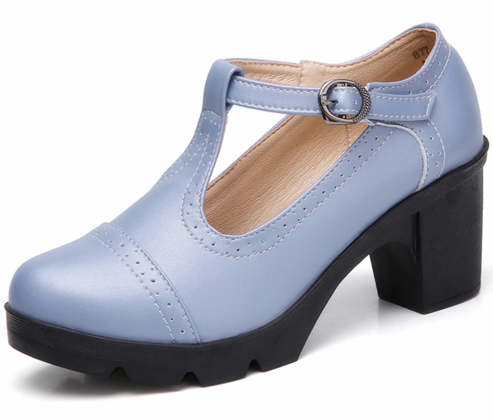 DADAWEN Women's Leather Classic T-Strap Platform Chunky Mid-Heel Mary Jane Square Toe Oxfords Dress Pump Shoes
