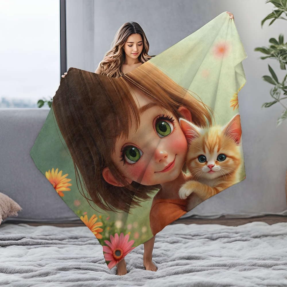 Couverture flanelle chaton fleurs grand plaid personnalisé Pâques