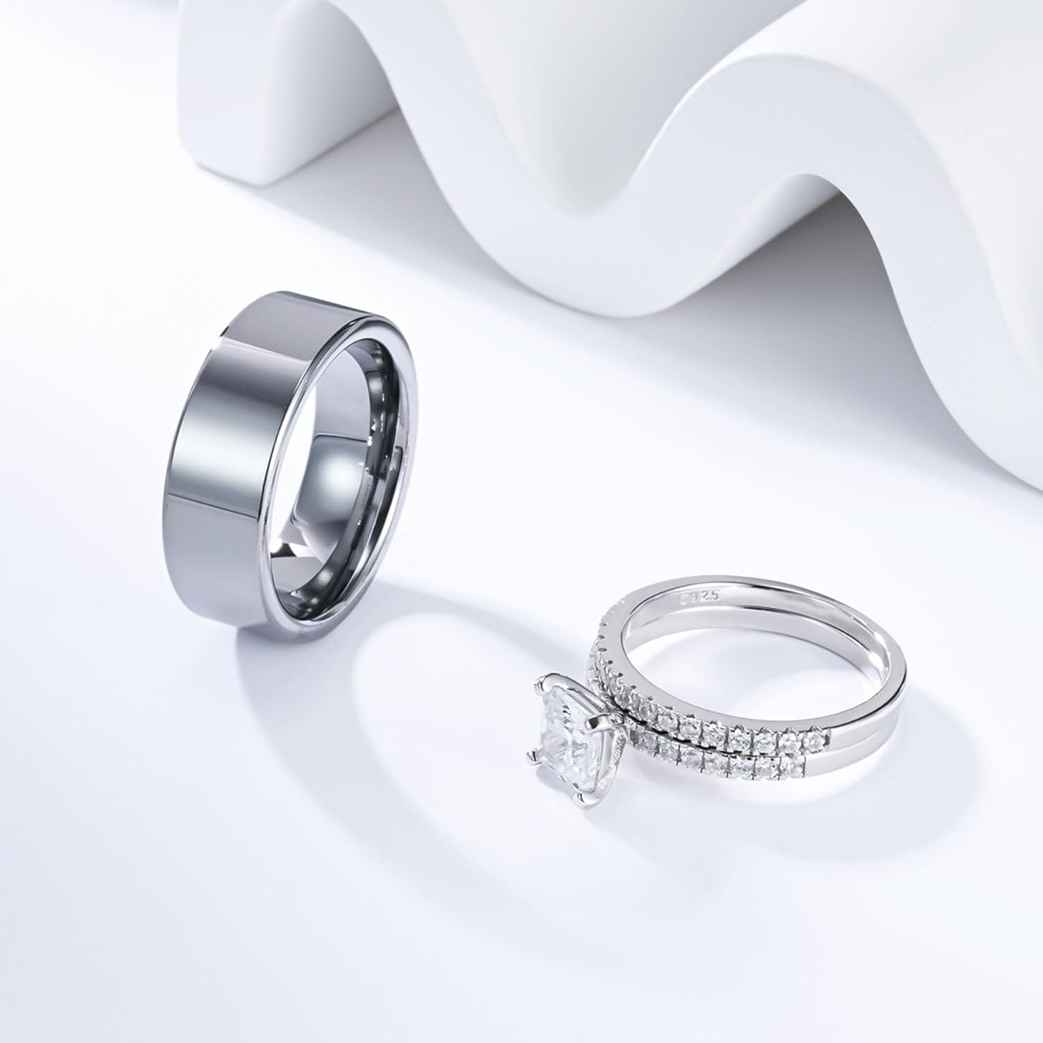 Couple Rings White Gold Plated 925 Sterling Silver Ring 1CT Square AAAAA CZ Women Wedding Ring Sets Men Wedding Band