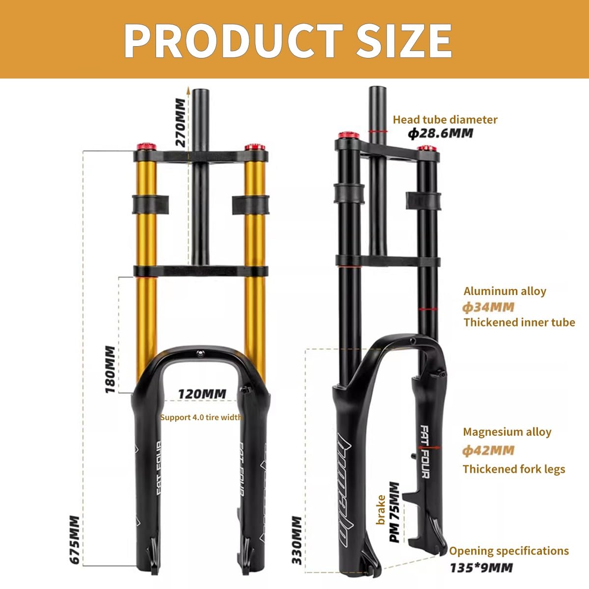 Forcella Anteriore per Bici elettrica da 20 Pollici, Pneumatici da 4 Pollici, Sospensione pneumatica, Escursione di 180 mm, Doppia Spalla, cannotto Dritto da 1-1/8", Freni a Disco,