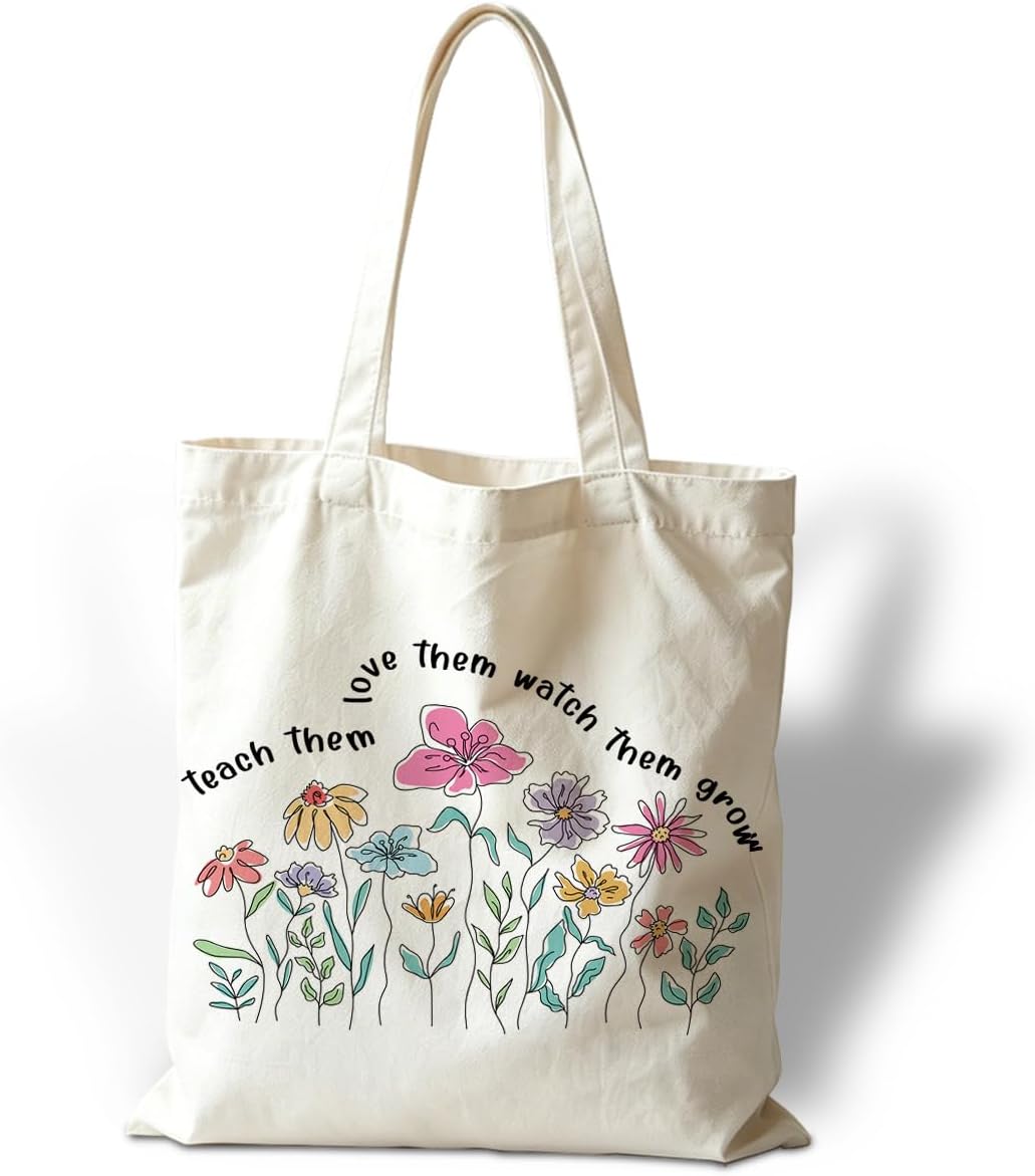 Aesthetic Flower Tote Bags, Teach Them Love Them Watch Grow, Weekend Bag, Beach Travel Bags, Teacher Thank You Gift, Useful Canvas Tote Bag, Meaningful Gifts to Teachers Parents