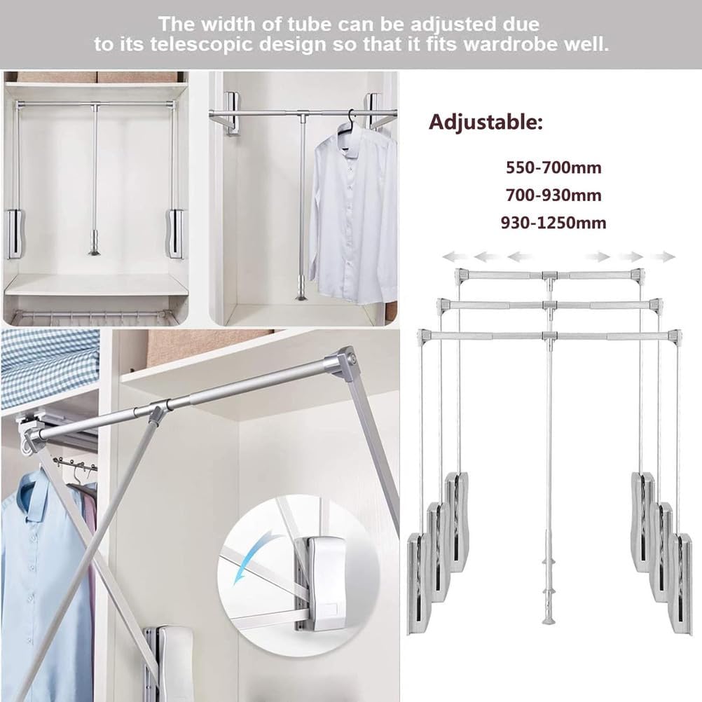 Pull Down Clothes Rail Adjustable 21-47 Inch Wardrobe Lift Large Extendable Cloth Hanger Soft Return Storage System with Aluminium Rod Space,Silver,930x1250mm