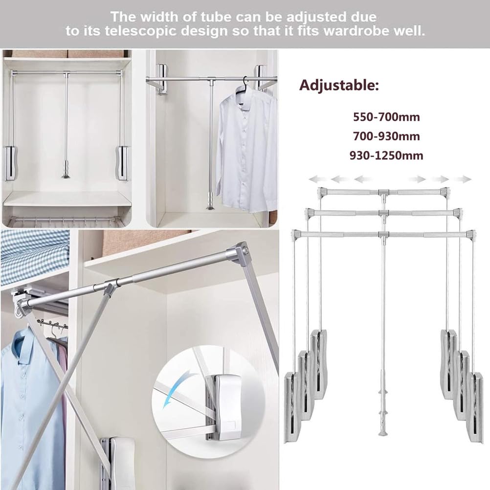 Regolabile Appendiabito Saliscendi, arico Max 15kg Appendiabito Automatico, Rimovibile Appendiabiti Lift da Parete, per Appendere Vestiti, Montaggio Facile e Veloce,Argento,930x1250mm