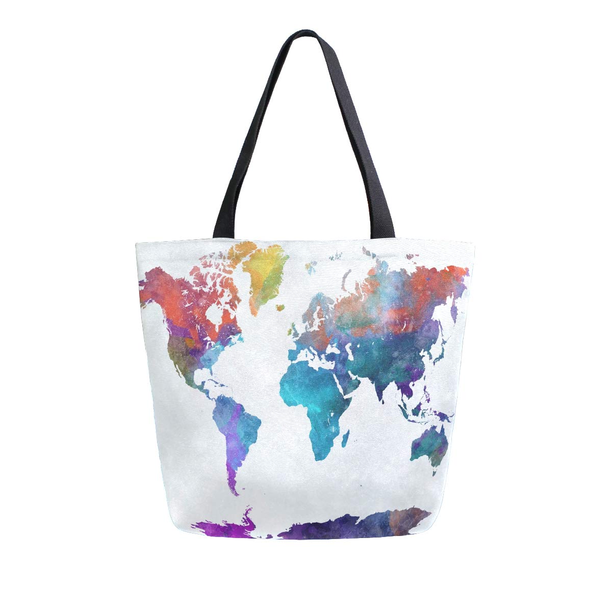 Naanle World Map Canvas Tote Bag Large Women Casual Shoulder Bag Handbag, Colorful World Map Reusable Multipurpose Heavy Duty Shopping Grocery Cotton Bag for Outdoors.