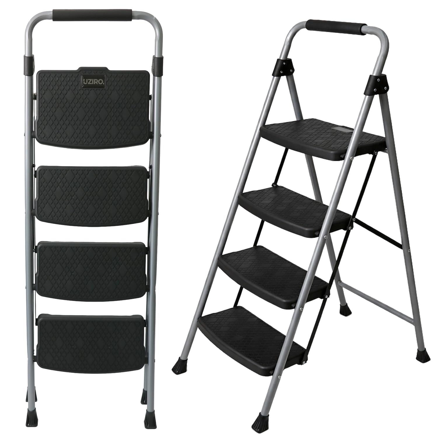 UZIRO Escalera Plegable 4 Peldaños, Estructura de Acero y Aluminio, Color Plateado, Peldaños Antideslizantes, Asa de Goma, para Hogar, Cocina, Oficina y Bricolaje