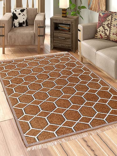 Image of Sparrow WorldGeometric Designer Superfine Exclusive Velvet Chenille Carpet /Area Rug /Bedside Runner (Camel, 4 X 6 Feet (121.92 X 182.88 CM)