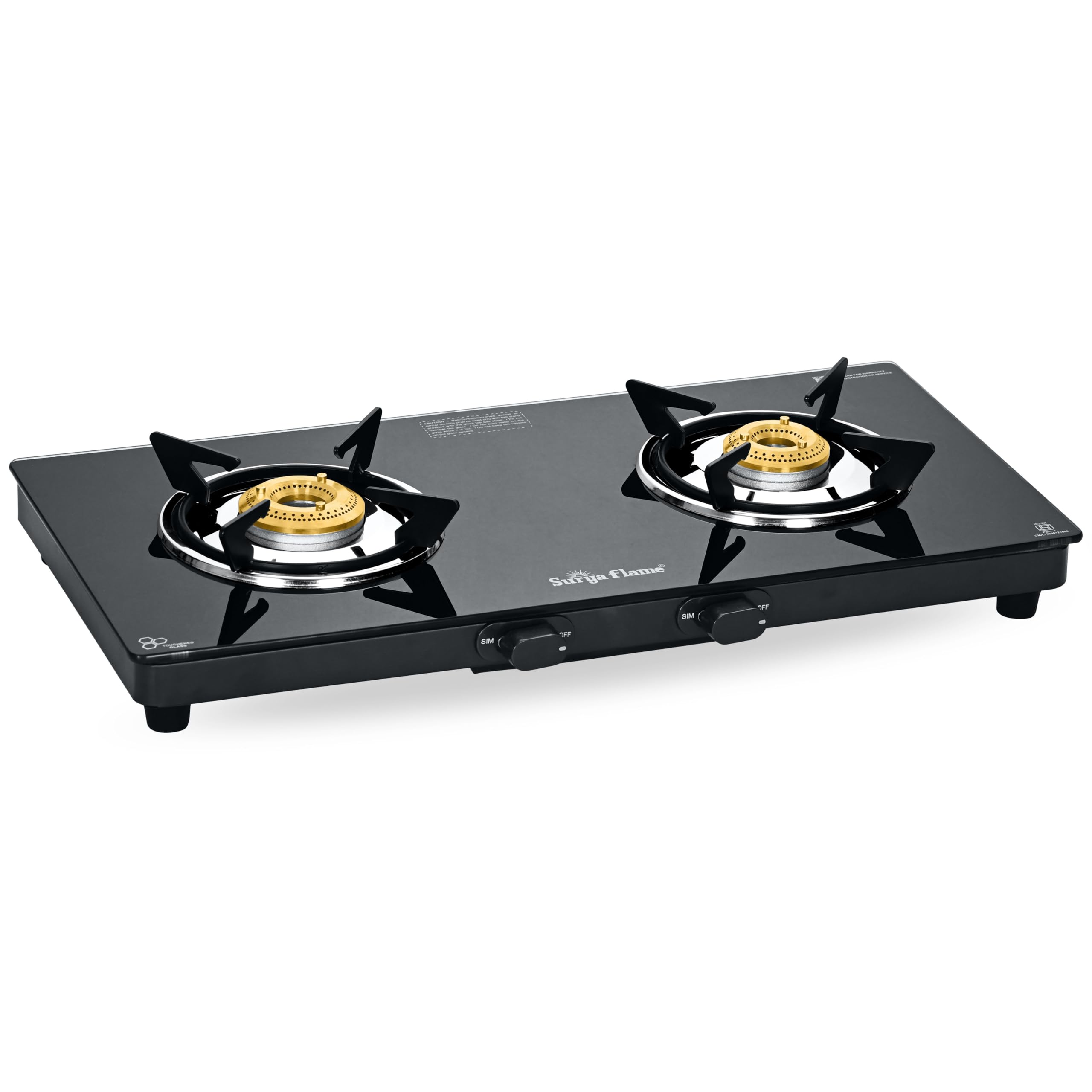 Surya Flame Creta Gas Stove 2 Burners Glass Top | Tri-pin Brass Burner | 2 Burner Gas Stove, Stove 2 Burner, Manual Ignition, Ultra Slim Design with Toughened Glass Top, Removable Drip Tray