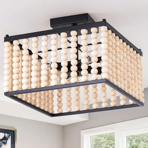 No Hang Beads Required Boho Light Fixture, 4-Light Square Wood Bead Semi Flush Mount Ceiling Light,Rustic Wood Beaded Farmhouse Light Fixtures For Bedroom Entryway Hallway,Oak&Black #TOP6