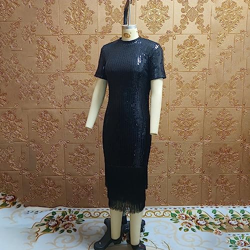 Image of Cololura Sexy Elegant Women Sequin Long Sleeve Tassel Bodycon Midi Dress Party Evening Gown Formal Dress
