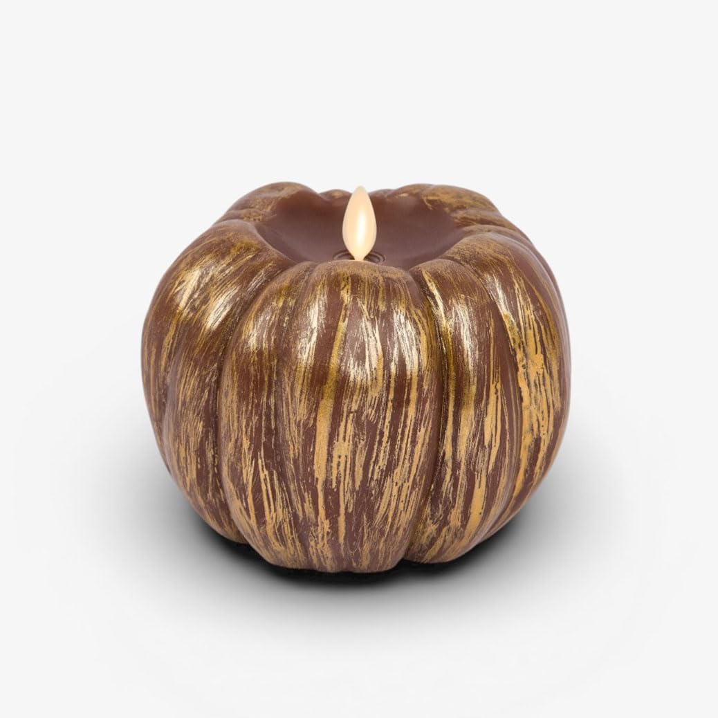 Luminara - Flameless Flickering Moving Flame Battery Operated Unscented Candle LED Décor &amp; Gift- Fall for Autumn &amp; Halloween Pumpkin Collection - (Metallic Cappuccino 5.25" x 4.5")