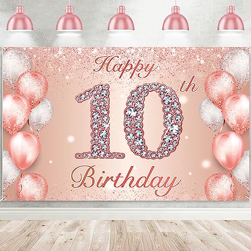 Image of Happy 10th Birthday Rose Gold Banner Cheers to 10 Years Old Backdrop Confetti Balloons Theme Decor for Girls 10 Years Old Pink Birthday Party Decorations Bday Supplies Background Favors Gift Glitter