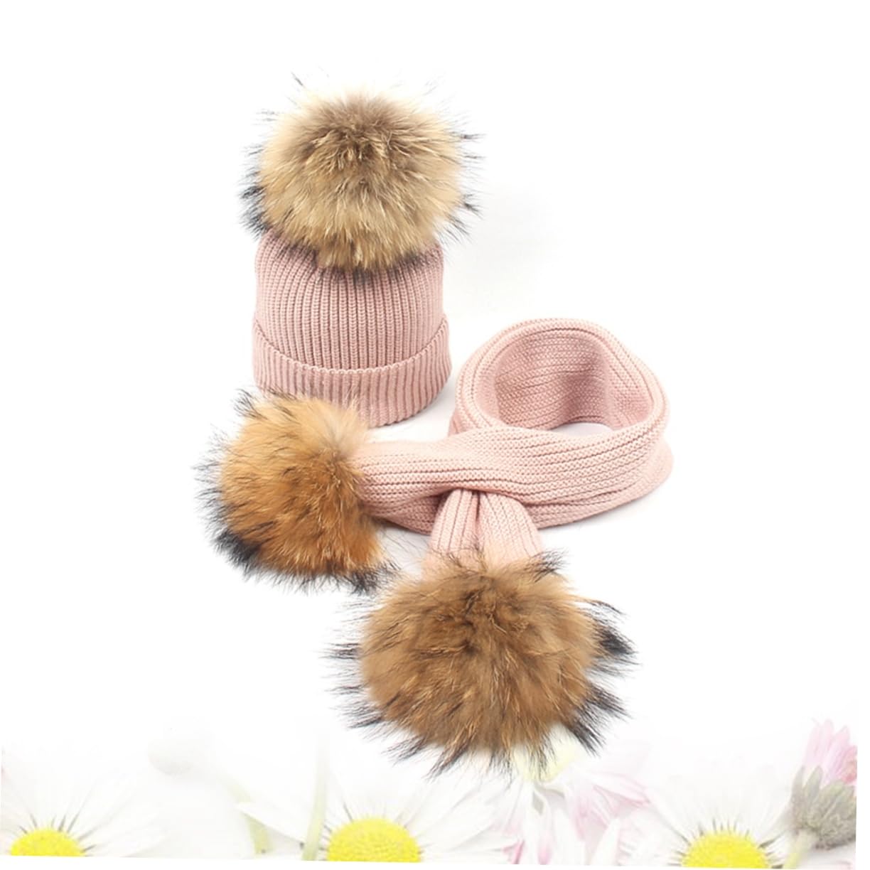 Didiseaon 2pcs Children's Hat and Scarf Set Girls Winter Knit Hat and Scarf Soft Raccoon Fur Toddler Warm Accessory Pink