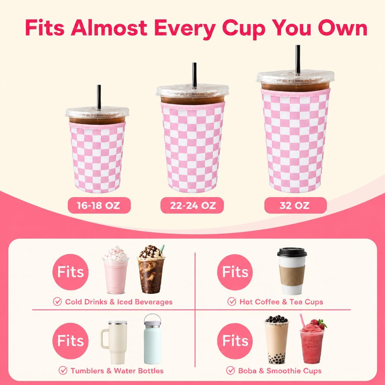 Reusable Ice Coffee Cup Sleeves for Cold Drink 16-32oz(Pink Checked Bow1)