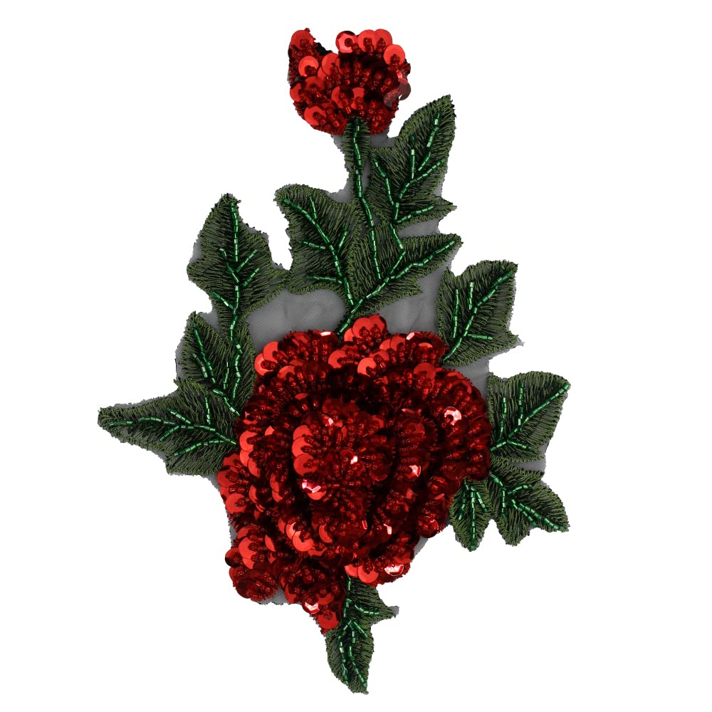 EMDOMO Rose Sequin Patches, Flower Beaded Sequin Embroidery Applique, Floral Peony Patches, Sewing Patch (Red)