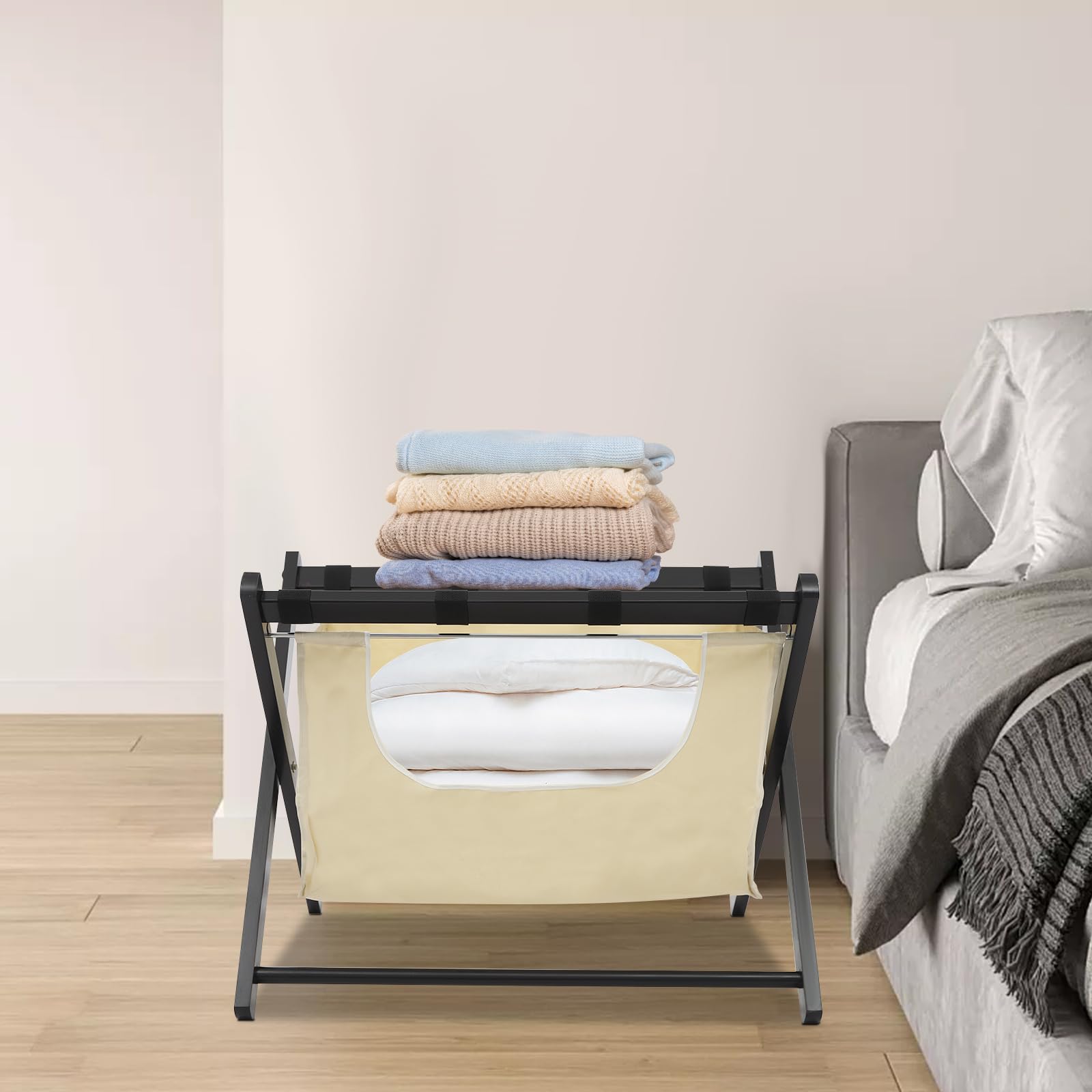 Porte-bagages pliable à 2 étages en bois de pin avec sac à linge pour hôtel, chambre d'amis, chambre à coucher